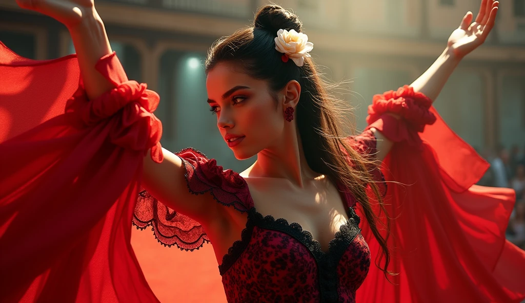 (photorealism:1.2), beautiful gipsy spanish woman, beautiful flamenco dancer, black hair tied in a bun with a white rose fancy dress, arms raised in dance pose, Shocking image, bright colors, dramatic lighting, red and black dress
