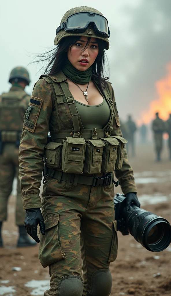 Photo-realistic, ultra-realistic, (very beautiful Japanese, famous Japanese idol:1.3), Fully equipped for battle, (painful impressions, crying:1.3), (wearing an army soldier's Camouflage outfits with military helmet:1.5), (at a battle field), very large breasts, (tactical vest, military harness:1.3), (military long boots:1), dynamic angle, spectacular, (muddied, damaged wears, damaged body:1.3), (Army archivist photographer), (holding Pentax camera with huge telephoto lens:1.3), aim and shoot