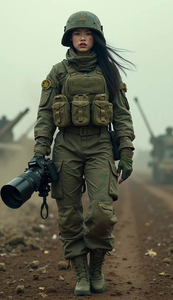 Photo-realistic, ultra-realistic, (very beautiful Japanese, famous Japanese idol:1.3), Fully equipped for battle, (painful impressions, crying:1.3), (wearing an army soldier's Camouflage outfits with military helmet:1.5), (at a battle field), very large breasts, (tactical vest, military harness:1.3), (military long boots:1), dynamic angle, spectacular, (muddied, damaged wears, damaged body:1.3), (Army archivist photographer), (holding Pentax camera with huge telephoto lens:1.3), aim and shoot
