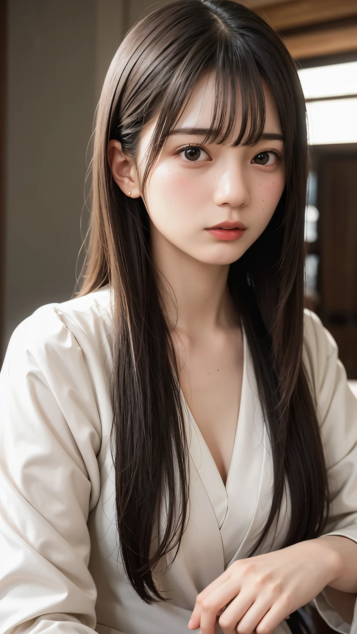 (1 nogizaka girl,masterpiece, Best image quality, high quality, ultra High resolution,High resolution,detailed, highly detailed, super detailed,3D Rendering,Unreal Engine,unity 8k wallpaper:1.3),One Girl,Japanese Girls,beautiful girl,incredible beautiful girl,(Dealing with the Children_v1:0.4),  (Robe Dress,Japanese Junior Idols,Shoot from the front,View your audience,whole body:1.2),Confused, detailed eyes, detailed skin, Beautiful Skin,so beautiful,Small face,Oval Face,Beautiful eyelashes,detailed eyelashes,detailed face,Finer details, Bright lighting,Professional Lighting,Thin eyebrows,Face of anguish,Cleavage