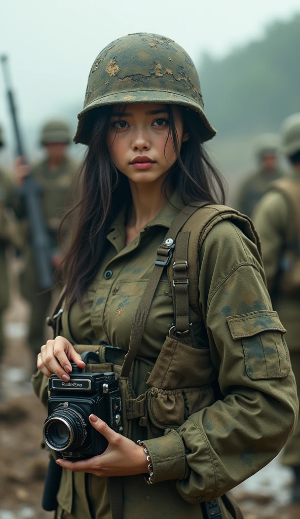 Photo-realistic, ultra-realistic, (very beautiful Japanese, famous Japanese idol:1.3), Fully equipped for battle, (painful impressions, crying:1.3), (wearing an army soldier's Camouflage outfits with military helmet:1.5), (at a battle field), very large breasts, (tactical vest, military harness:1.3), (military long boots:1), dynamic angle, spectacular, (muddied, damaged wears, damaged body:1.3), (Army archivist photographer), (holding a classical Rolleiflex flex camera:1.3), a TLR camera, (shoot from side)