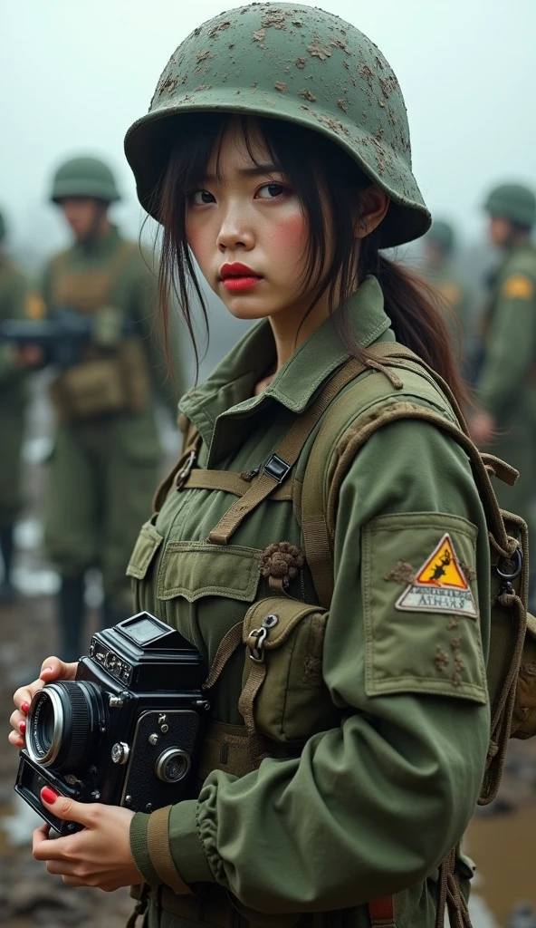 Photo-realistic, ultra-realistic, (very beautiful Japanese, famous Japanese idol:1.3), Fully equipped for battle, (painful impressions, crying:1.3), (wearing an army soldier's Camouflage outfits with military helmet:1.5), (at a battle field), very large breasts, (tactical vest, military harness:1.3), (military long boots:1), dynamic angle, spectacular, (muddied, damaged wears, damaged body:1.3), (Army archivist photographer), (holding a classical Rolleiflex flex camera:1.3), a TLR camera, (shoot from side)