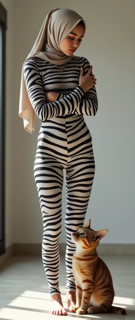 The most beautiful,thin,most pretty and clever Asian muslimah adult girl wears plains zebra print lycra turtleneck unitard catsuit.She always wear plains zebra print lycra dancewear stretchy square hijab.She stands and hugs a cute little cat.