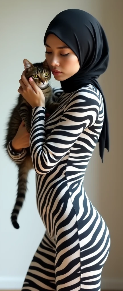 The most beautiful,thin,most pretty and clever Asian muslimah adult girl wears plains zebra print lycra turtleneck unitard catsuit.She always wear plains zebra print lycra dancewear stretchy square hijab.She stands and hugs a cute little cat.