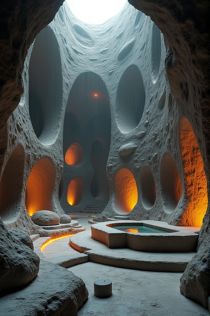 Create a super-large bathroom with a volcanic rock concept 
