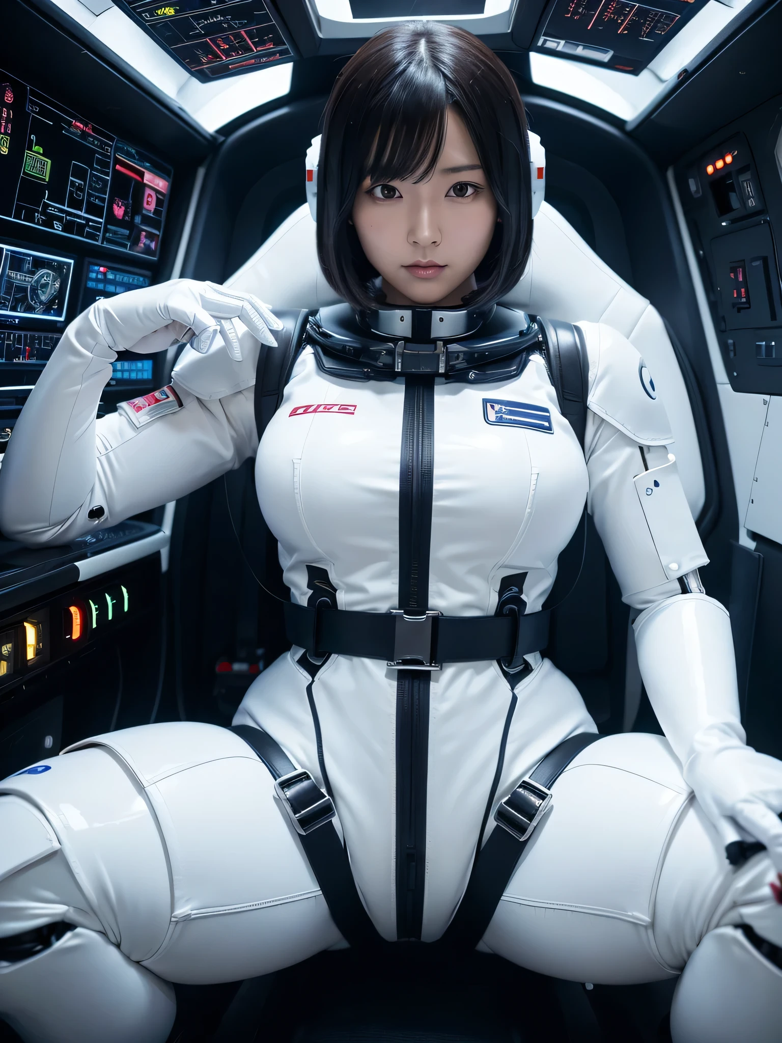 Japanese female android,Black Hair,He is securely fastened to his cockpit seat in a spacecraft by a thick harness.,Chubby,Big Breasts,Spread your legs,Squat,Shiny white robot suit,Robotic arms and legs,Surrounded by switches and monitors,