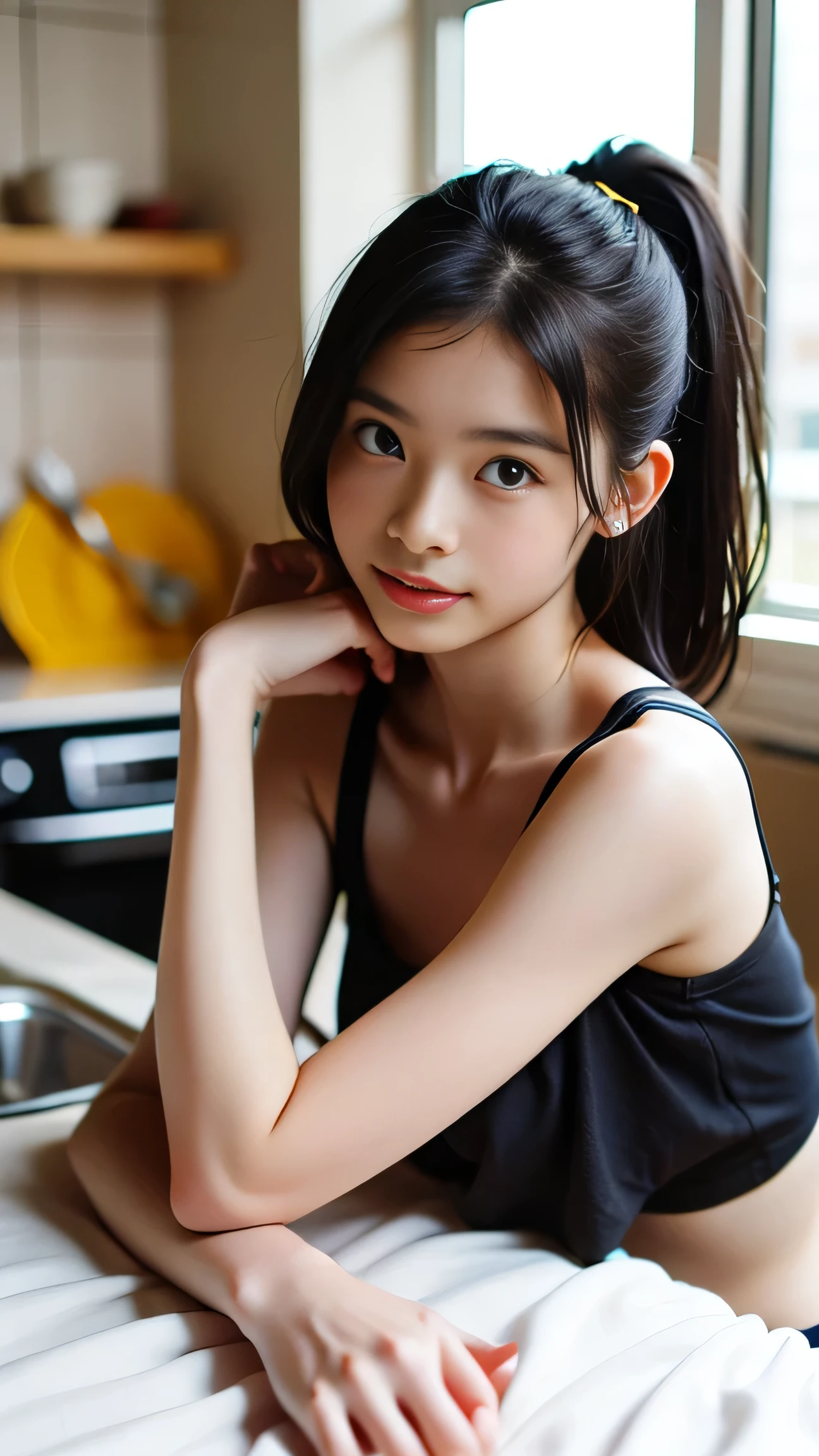 seductive smile, masterpiece, mieruko, miko yotsuya, young girl, wearing black tanktop, armpits, armpits visible,
