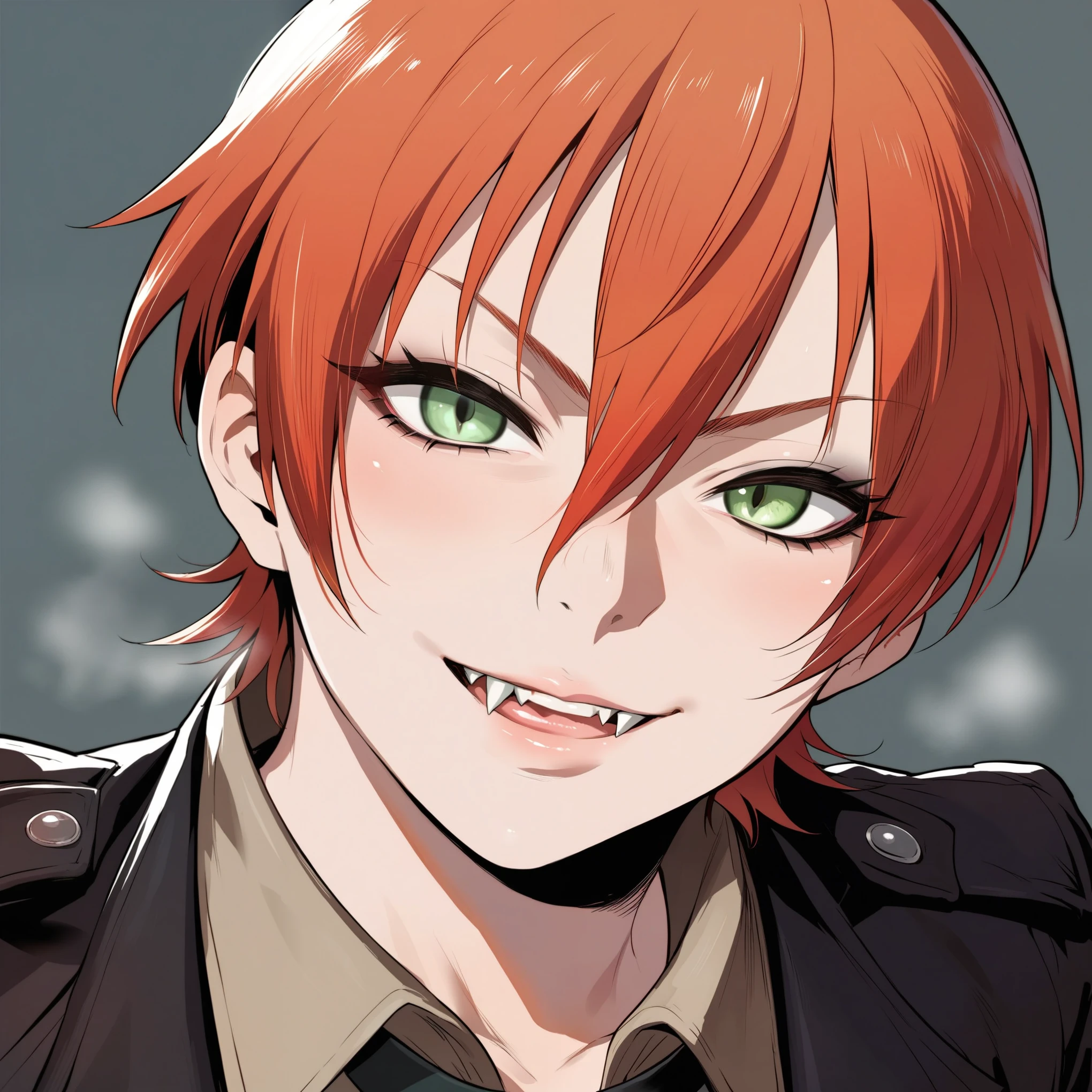 source_anime, rating_explicit, score_9, score_8_up, score_7_up, goth, gothic, ginger hair, short_hair, looking at viewer, hellsing, goth girl, ikuchan, smirk, green eyes, portrait face, face focus, face only, edgy, fangs, vampire, detailed, high quality