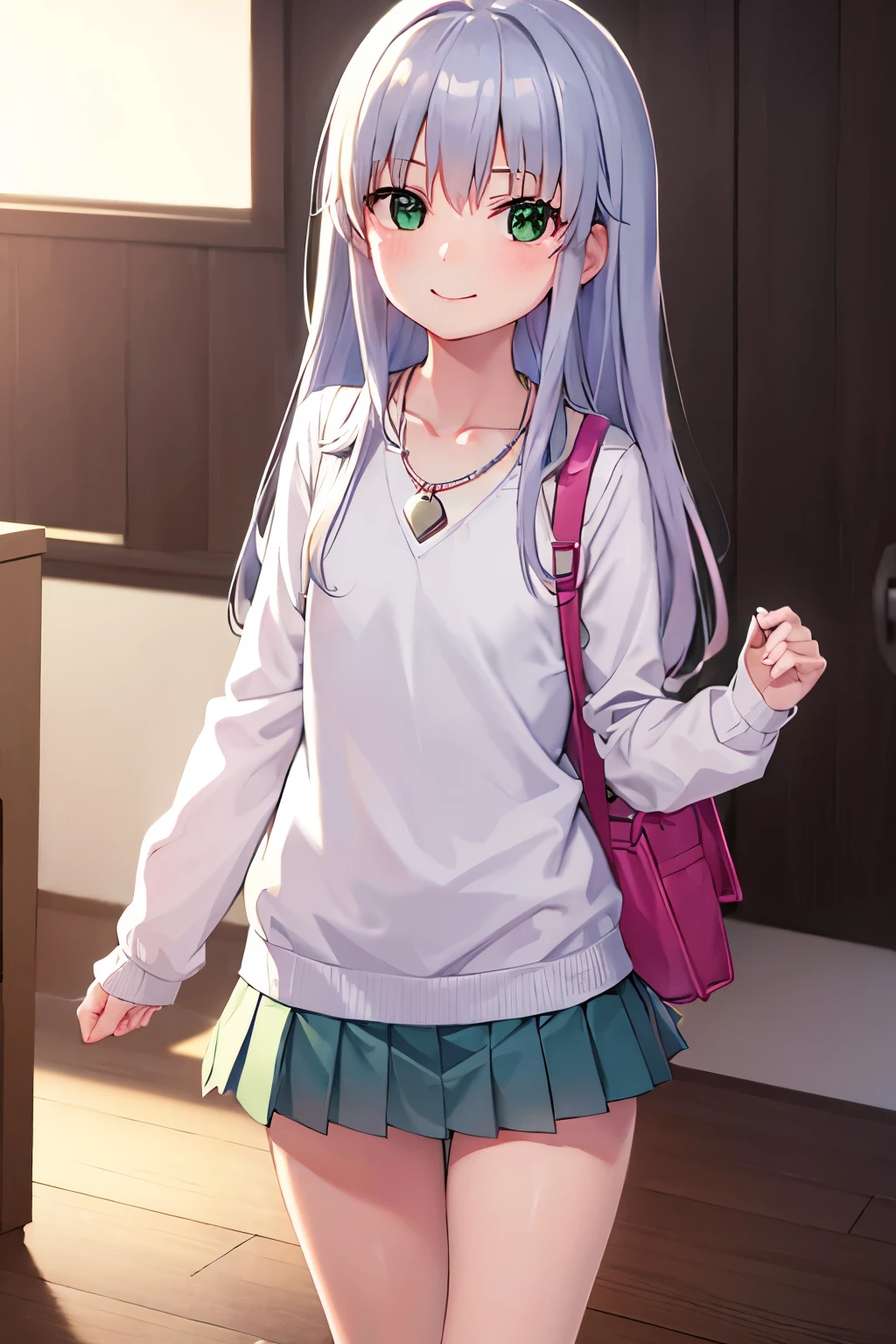Long silver hair, green eyes, headband, necklace, small, smile, happy, sueter, hood, mini skirt, beautiful thighs, Inside the house, Randoseru, schoolbag, turn neck, point of view from the back
