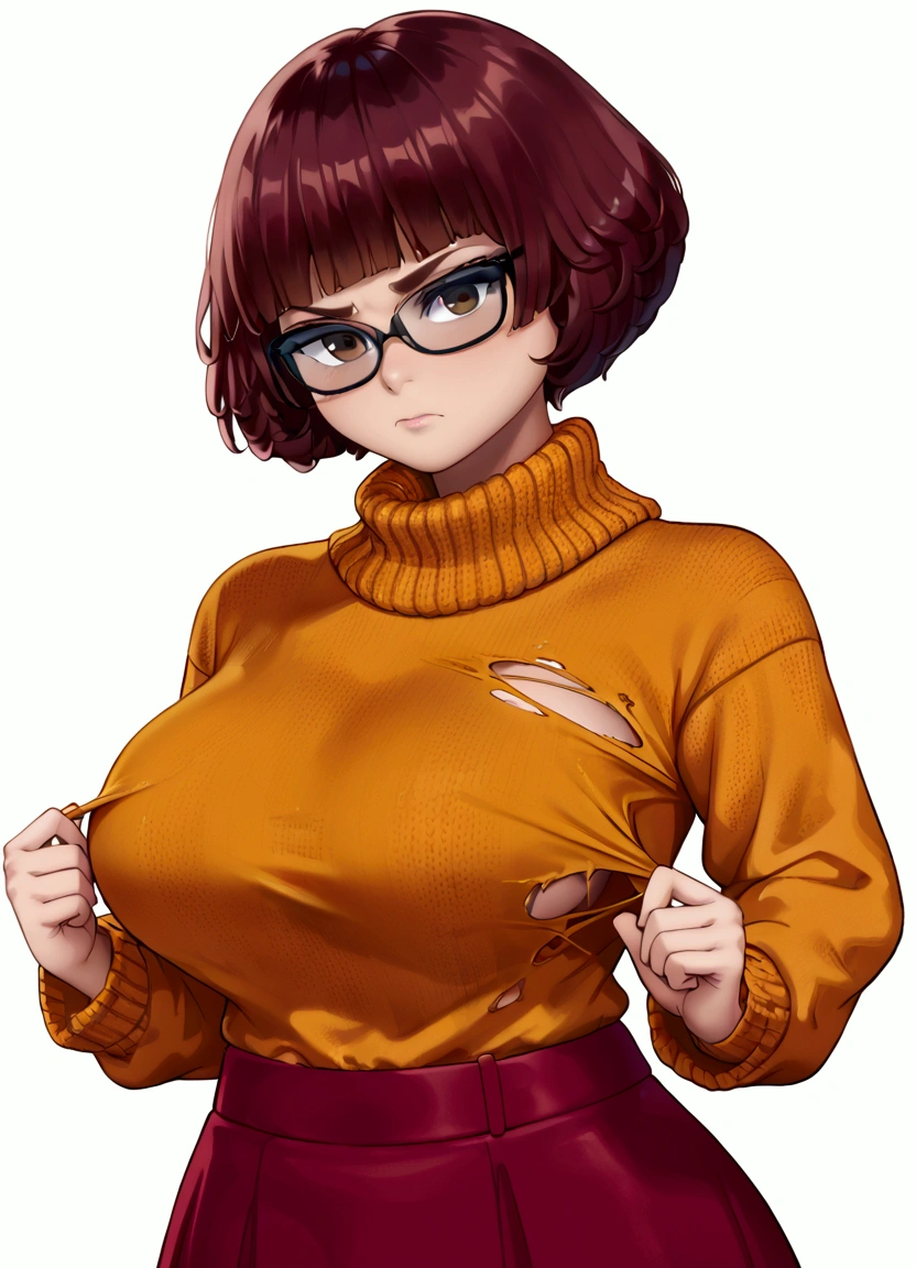 Velma from the cartoon "Scooby-Doo". Short brown hair, torn yellow sweater, lowers his sweater with his hands, Red skirt, flaquita, big breasts, , annoyed, in the background an office.