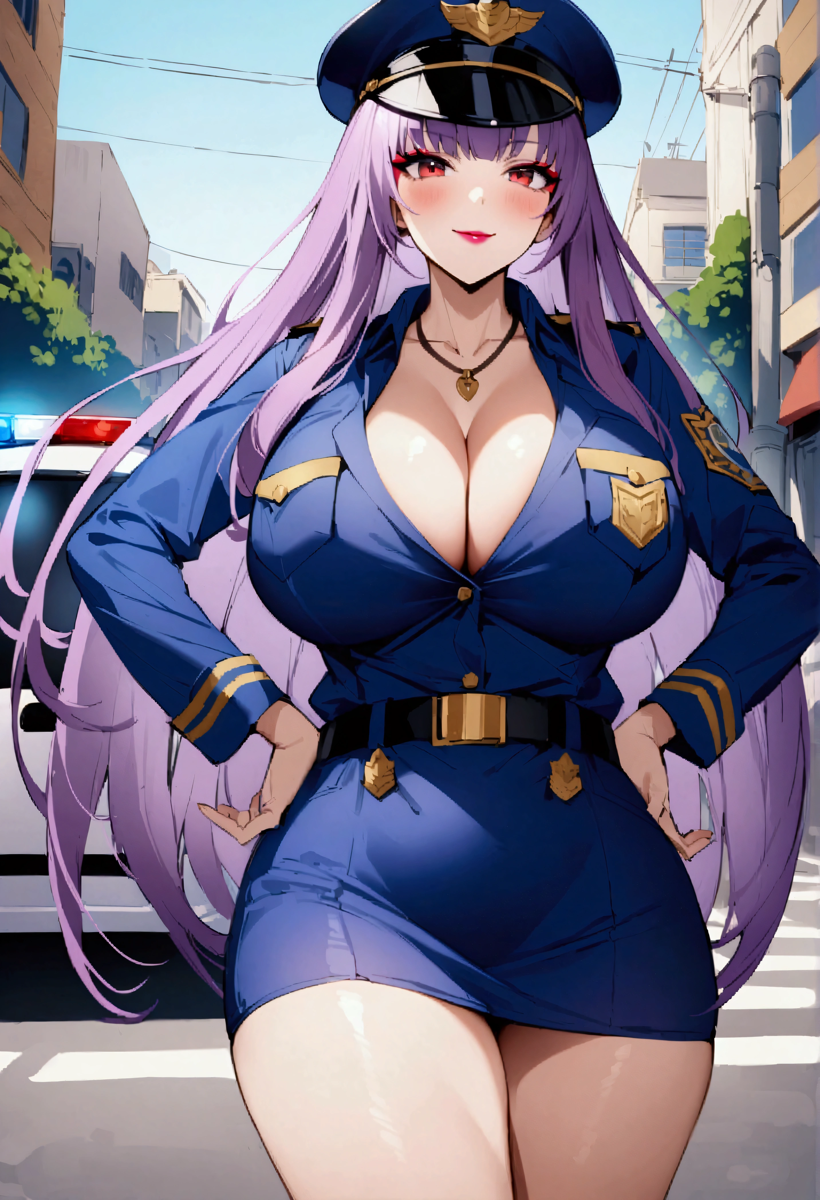 Masterpiece、Highest quality、Super detailed、solo、1 person、Kijou Yasha、Standing with hands on hips、1 personの女の子、Mature Woman、solo、Watching the audience、blush、A light smile、Purple Hair、Long Hair、makeup、lipstick、Red eyes、horn、hair ornaments、Sexy police uniform、Short skirt、Police hat、Big Breasts、Thighs、Cleavage、street、Police car 