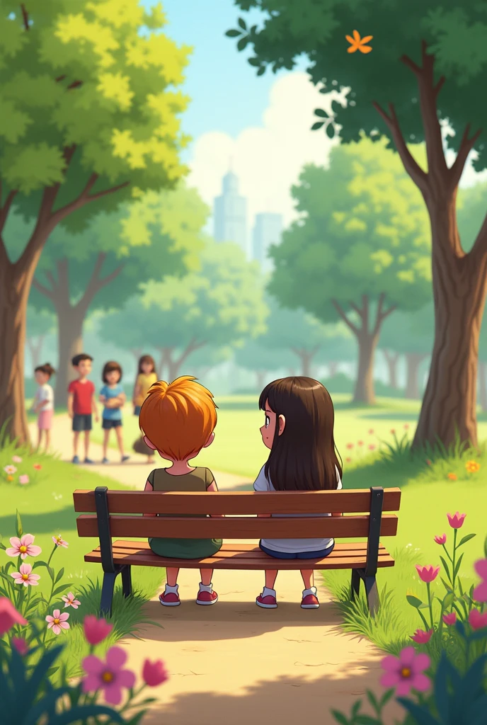 Animation Two friends sitting on a park bench. One of them with.envy of others