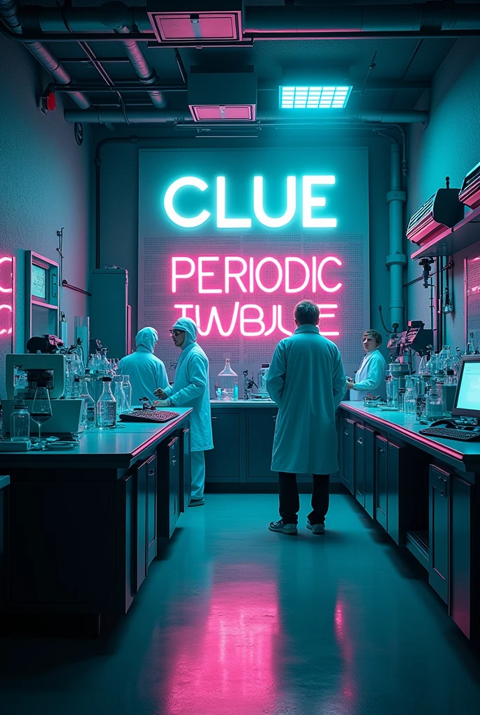 A mysterious laboratory that says in the middle in big letters “Clue Periodic Table version” As in fluorescent and with cool typography and that is well understood and appreciated