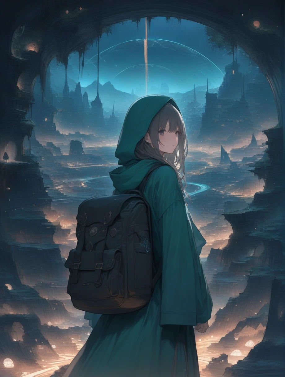 score_9, score_8_up, score_7_up, score_アニメ, masterpiece, best quality, delicate illustration, sharp line, sharp focus, BREAK,Traveler girl wandering in the ruins of endless night, the girl is wearing a hood, a lot of baggage in her backpack., night、City of the Future、Fantastic landscape、Beautiful Landscape、Harmony with Nature