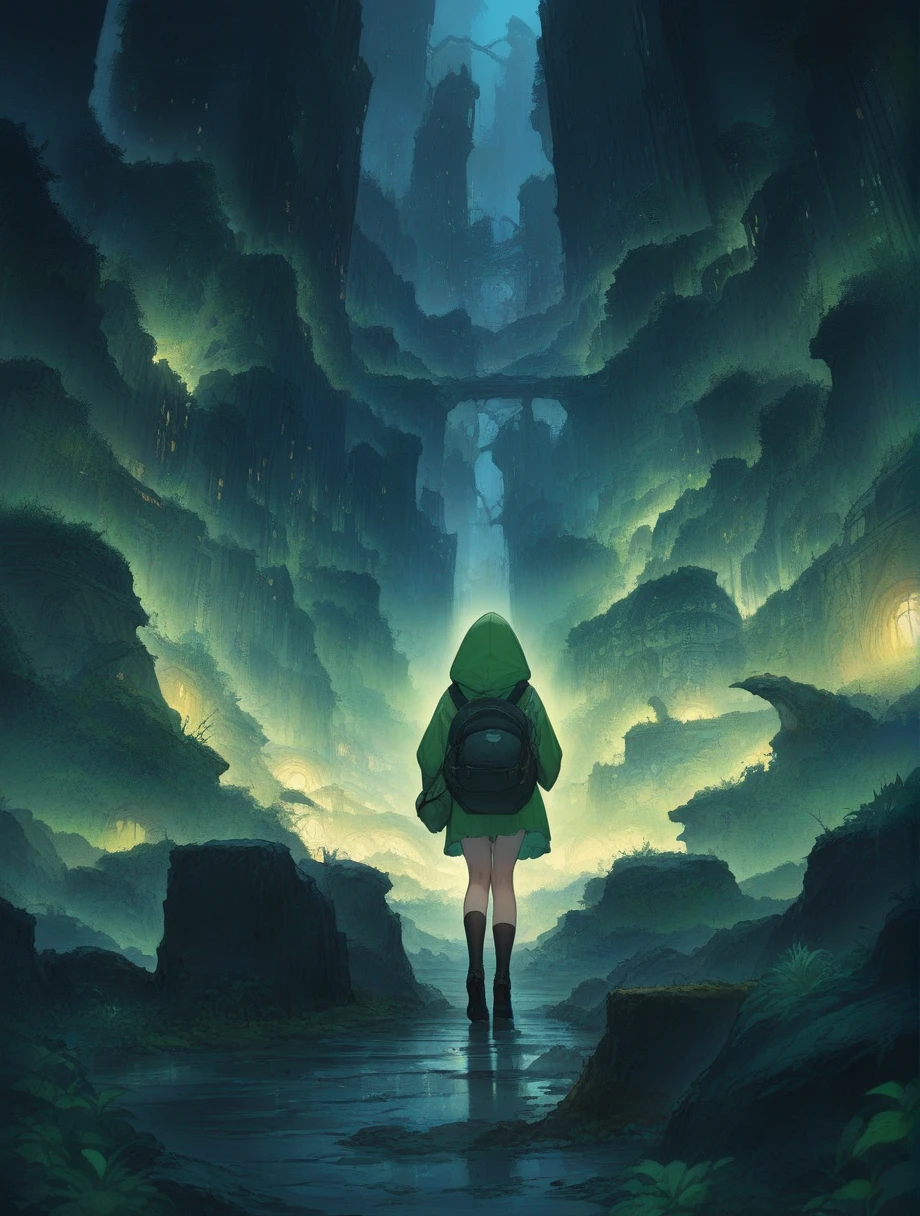 score_9, score_8_up, score_7_up, score_アニメ, masterpiece, best quality, delicate illustration, sharp line, sharp focus, BREAK,Traveler girl wandering in the ruins of endless night, the girl is wearing a hood, a lot of baggage in her backpack., night、City of the Future、Fantastic landscape、Beautiful Landscape、Harmony with Nature