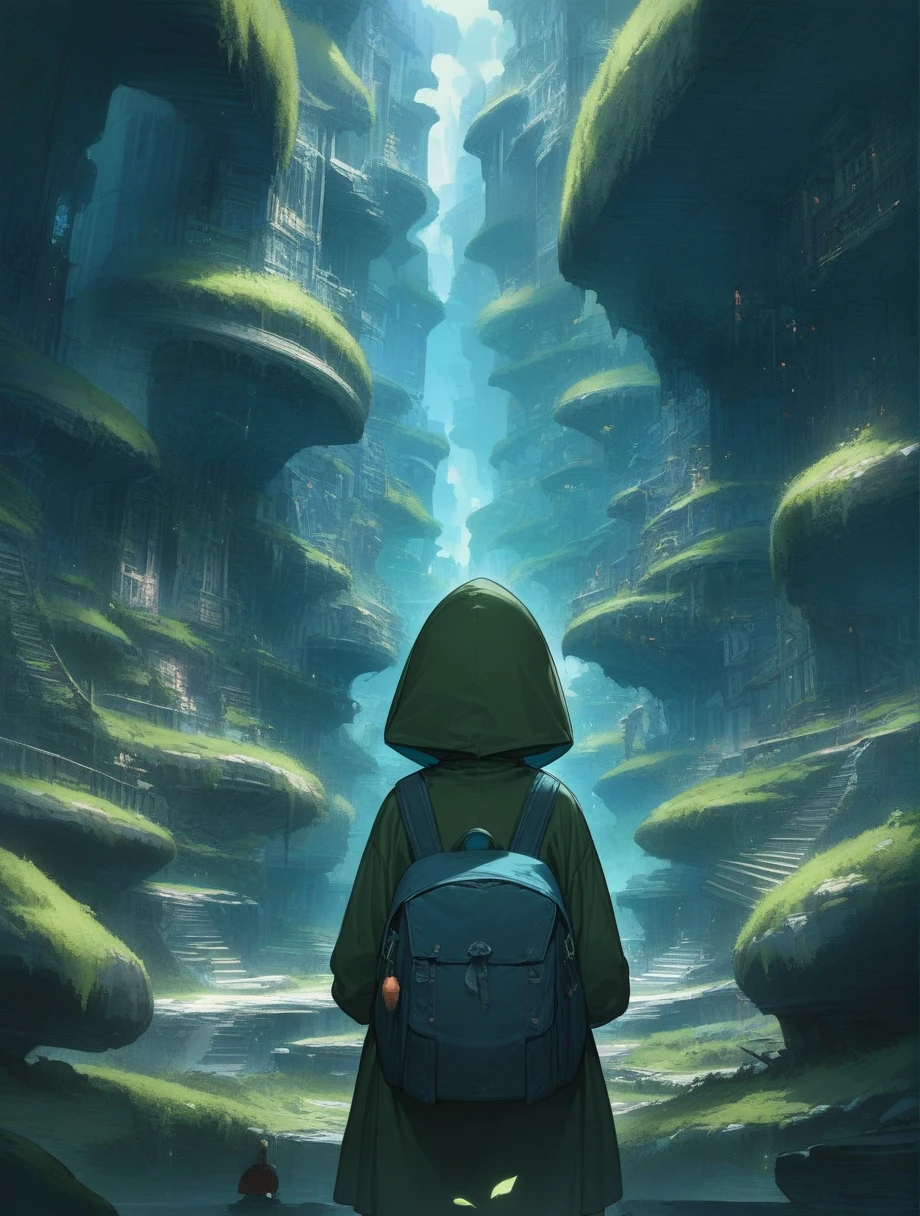 score_9, score_8_up, score_7_up, score_アニメ, masterpiece, best quality, delicate illustration, sharp line, sharp focus, BREAK,Traveler girl wandering in the ruins of endless night, the girl is wearing a hood, a lot of baggage in her backpack., night、City of the Future、Fantastic landscape、Beautiful Landscape、Harmony with Nature