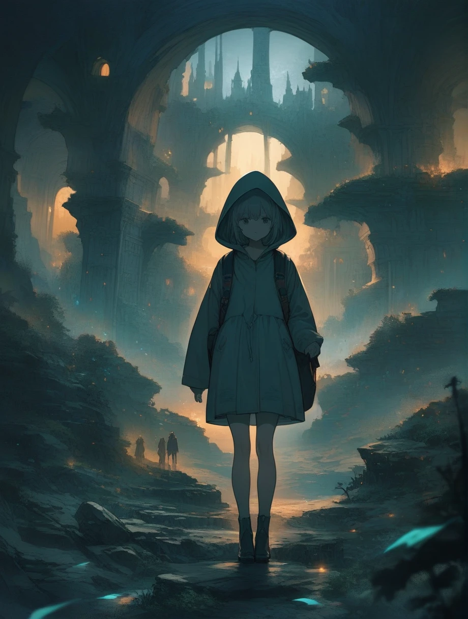 score_9, score_8_up, score_7_up, score_アニメ, masterpiece, best quality, delicate illustration, sharp line, sharp focus, BREAK,Traveler girl wandering in the ruins of endless night, the girl is wearing a hood, a lot of baggage in her backpack., night、City of the Future、Fantastic landscape、Beautiful Landscape、Harmony with Nature