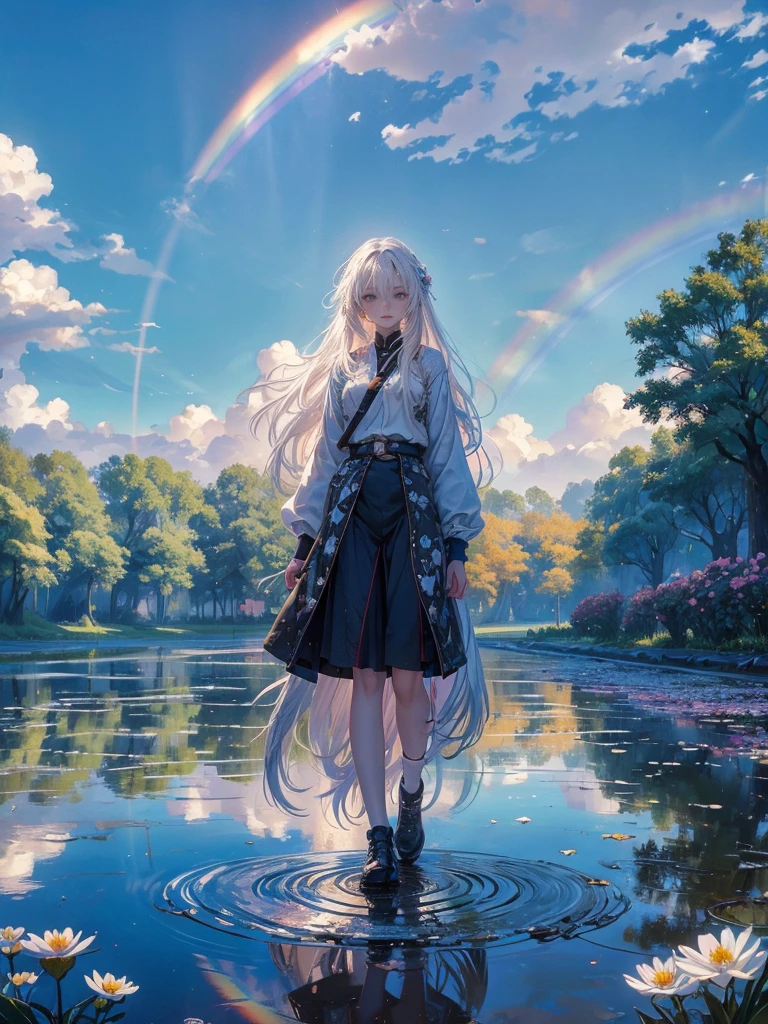 high quality, top quality,high resolution,1girl,solo,cute,white hair and long hair,after the rain, blue sky,rainbow in the sky,in park, puddle,wet flower