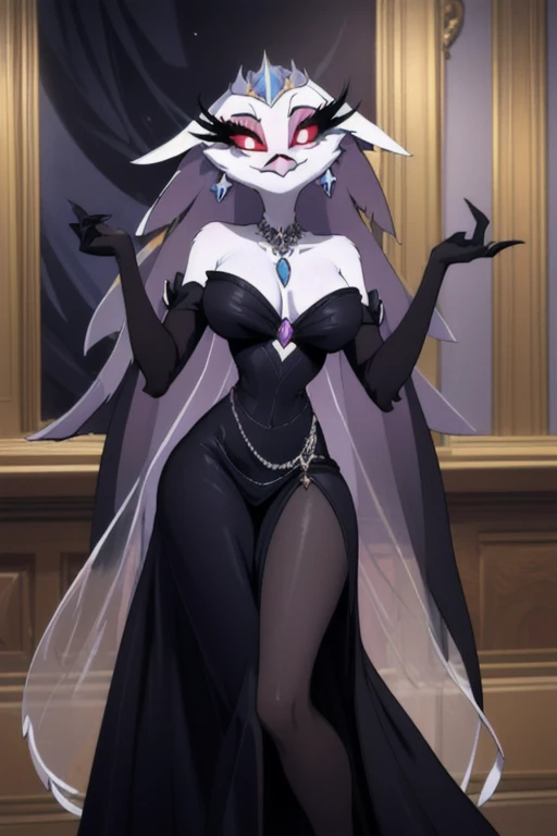 (best quality, masterpiece:1), furry female anthro stella, owl, portrait,, closed mouth, smile, wide-eyed, white pupils, black dress, black gloves, blue dress, cape, earrings, fangs, hair ornament, jewelry, long dress, necklace, see-through