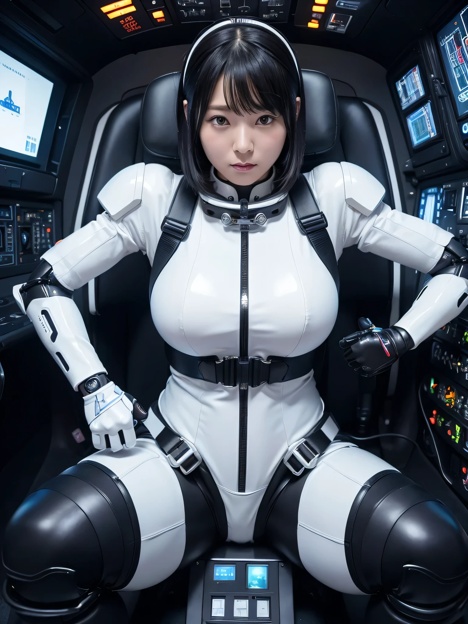 Japanese female android,Black Hair,He is securely fastened to his cockpit seat in a spacecraft by a thick harness.,Chubby,Big Breasts,Spread your legs,Squat,Shiny white robot suit,Robotic arms and legs,Surrounded by switches and monitors,