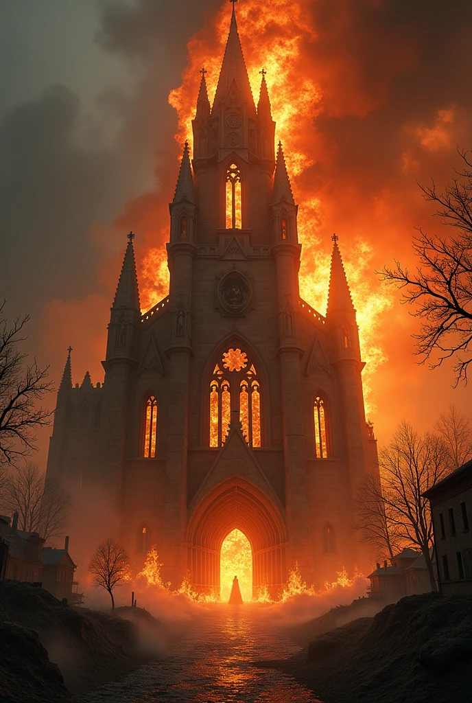 Grand church with ancient architecture on fire