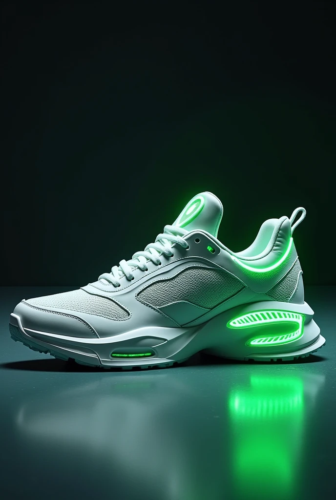 tennis (footwear) sporty and futuristic with an adventurous and technological design and featuring flashy white LEDs with green details