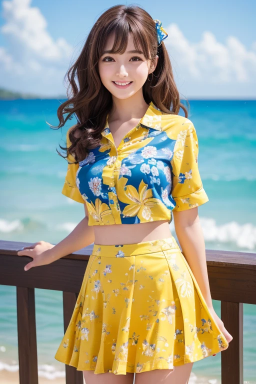 Ultra-realistic, 4K, Professional photos,  girl, Japanese girl, Big Curly Hair, High resolution, Detailed face, Medium bodied, Yellow short skirt with floral pattern, (Open blue shirt), masterpiece, (Lighting), (1 Solo), Beach Background, Realistic Background, Realistic photos, One girl, Open your mouth a little, smile, ribbon,