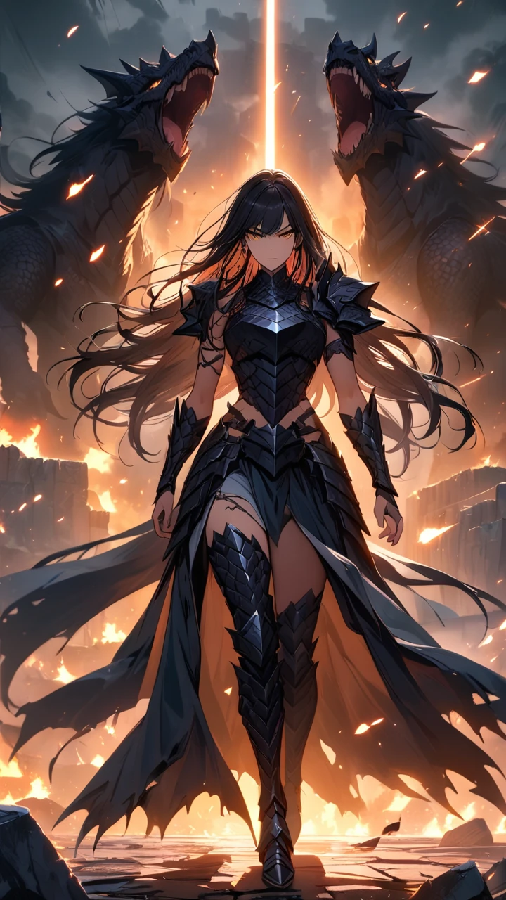 (((masterpiece, best quality, 8k))), female warrior, (full-body), obsidian dragon armor, ethereal glow, long flowing black hair, strands adorned with silver beads, piercing golden eyes, determined expression, standing atop a shattered battlefield, flames and shadows swirling around her, dragons circling in the stormy night sky, ancient ruins in the background, radiating power, (dramatic lighting, dynamic shadows)
