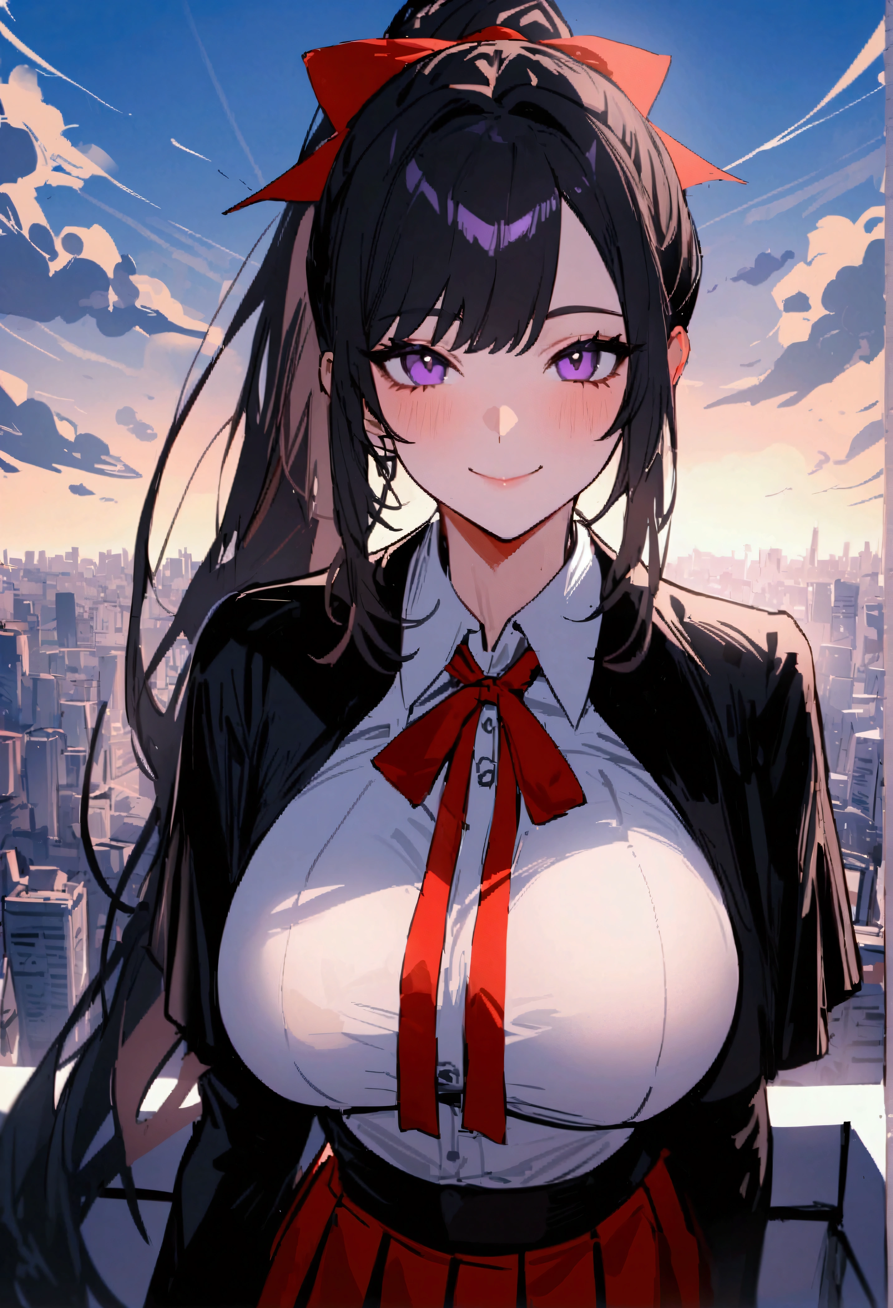 Masterpiece、Highest quality、Super detailed、 1girl, 独奏, dxdAH, black hair, ponytail, very long hair, purple eyes, hair ribbon, neck ribbon, black capelet, white shirt, long sleeves, black uniform, red skirt, pleated skirt, big breasts, looking at you, smile, happy, blue sky, clouds, city, upper body, closed mouth