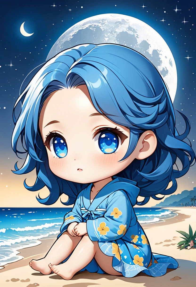 Chibi girl like this but hair,clothes, and eyes are all blue she is sitting under the moon at the beach