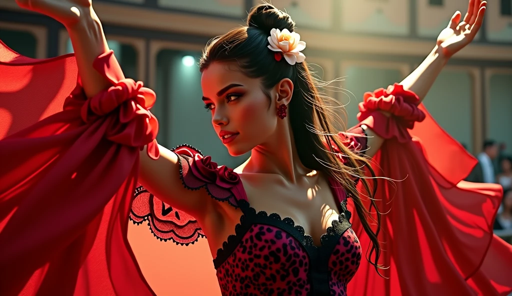 (photorealism:1.2), beautiful gipsy spanish woman, beautiful flamenco dancer, black hair tied in a bun with a white rose fancy dress, arms raised in dance pose, Shocking image, bright colors, dramatic lighting, red and black dress
