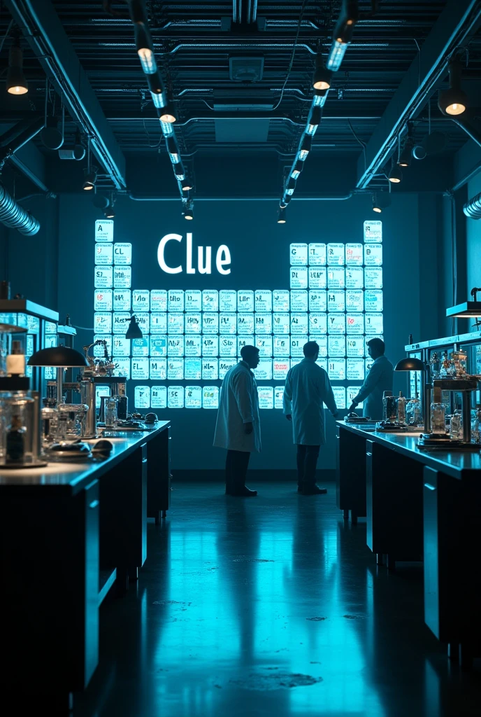 A mysterious laboratory that says in the middle in big letters “Clue Periodic Table version” As in fluorescent and with cool typography and that is well understood and appreciated