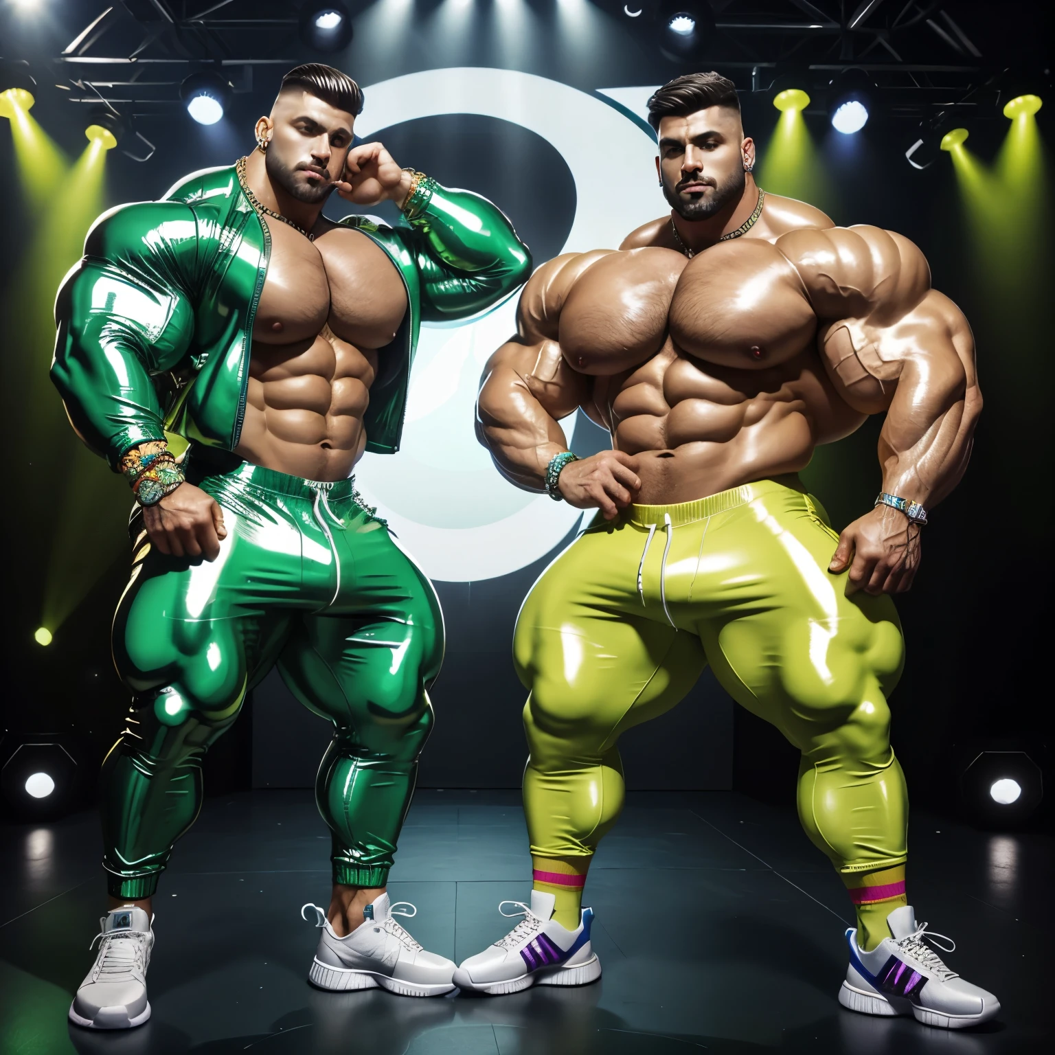 full body view, the 2 biggest heaviest hyper-massive over-muscular bodybuilded different white european males with hype styled undercut haircuts, facial piercings. intense neverending bigger muscle excessively growth . Dancing in disco party in latex shiny short jumpsuits and balenciaga triple s chunky neon-green colour sneakers and hyper-large white slouch socks, lots of jewelery and rings, socks must be seen, with many disco guys dancing behind