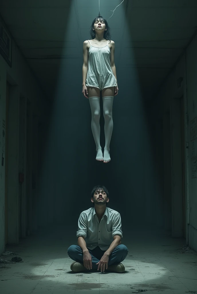 Scene of female student wearing white thigh high socks hanging herself to death ,hovering in the air , a man sitting on the ground in panic