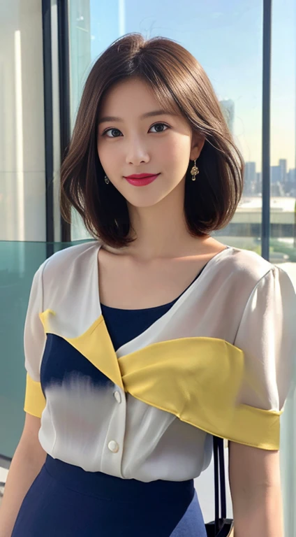sweet office lady, high-quality detailed portrait, 1girl, medium bob hairstyle, beautiful large deep brown eyes, elegant flawless skin, cute sexy expression, confident professional pose, form-fitting navy blue pencil skirt, silk white blouse slightly unbuttoned, holding briefcase,modern office interior with city skyline, warm soft evening lighting, minimalistic jewelry and makeup, natural smile, small light brown moles, (best quality,4k,8k,highres,masterpiece:1.2),ultra-detailed,(realistic,photorealistic,photo-realistic:1.37),HDR,UHD,studio lighting,ultra-fine painting,sharp focus,physically-based rendering,extreme detail description,professional,vivid colors,bokeh,portraits,photography,cinematic movie light effect,panoramic view