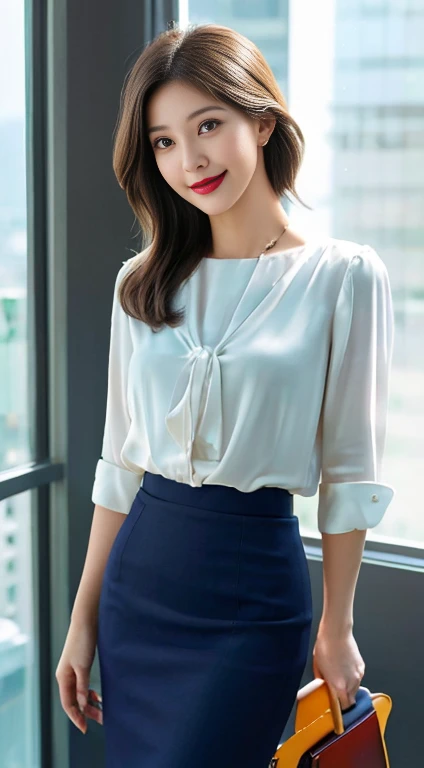 sweet office lady, high-quality detailed portrait, 1girl, medium bob hairstyle, beautiful large deep brown eyes, elegant flawless skin, cute sexy expression, confident professional pose, form-fitting navy blue pencil skirt, silk white blouse slightly unbuttoned, holding briefcase,modern office interior with city skyline, warm soft evening lighting, minimalistic jewelry and makeup, natural smile, small light brown moles, (best quality,4k,8k,highres,masterpiece:1.2),ultra-detailed,(realistic,photorealistic,photo-realistic:1.37),HDR,UHD,studio lighting,ultra-fine painting,sharp focus,physically-based rendering,extreme detail description,professional,vivid colors,bokeh,portraits,photography,cinematic movie light effect,panoramic view