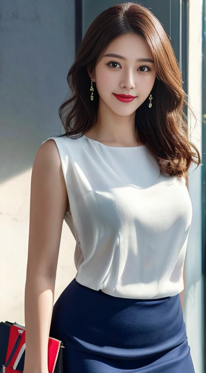 sweet office lady, high-quality detailed portrait, 1girl, medium bob hairstyle, beautiful large deep brown eyes, elegant flawless skin, cute sexy expression, confident professional pose, form-fitting navy blue pencil skirt, silk white blouse slightly unbuttoned, holding briefcase,modern office interior with city skyline, warm soft evening lighting, minimalistic jewelry and makeup, natural smile, small light brown moles, (best quality,4k,8k,highres,masterpiece:1.2),ultra-detailed,(realistic,photorealistic,photo-realistic:1.37),HDR,UHD,studio lighting,ultra-fine painting,sharp focus,physically-based rendering,extreme detail description,professional,vivid colors,bokeh,portraits,photography,cinematic movie light effect,panoramic view