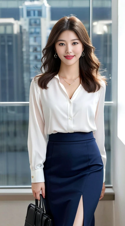 sweet office lady, high-quality detailed portrait, 1girl, medium bob hairstyle, beautiful large deep brown eyes, elegant flawless skin, cute sexy expression, confident professional pose, form-fitting navy blue pencil skirt, silk white blouse slightly unbuttoned, holding briefcase,modern office interior with city skyline, warm soft evening lighting, minimalistic jewelry and makeup, natural smile, small light brown moles, (best quality,4k,8k,highres,masterpiece:1.2),ultra-detailed,(realistic,photorealistic,photo-realistic:1.37),HDR,UHD,studio lighting,ultra-fine painting,sharp focus,physically-based rendering,extreme detail description,professional,vivid colors,bokeh,portraits,photography,cinematic movie light effect,panoramic view