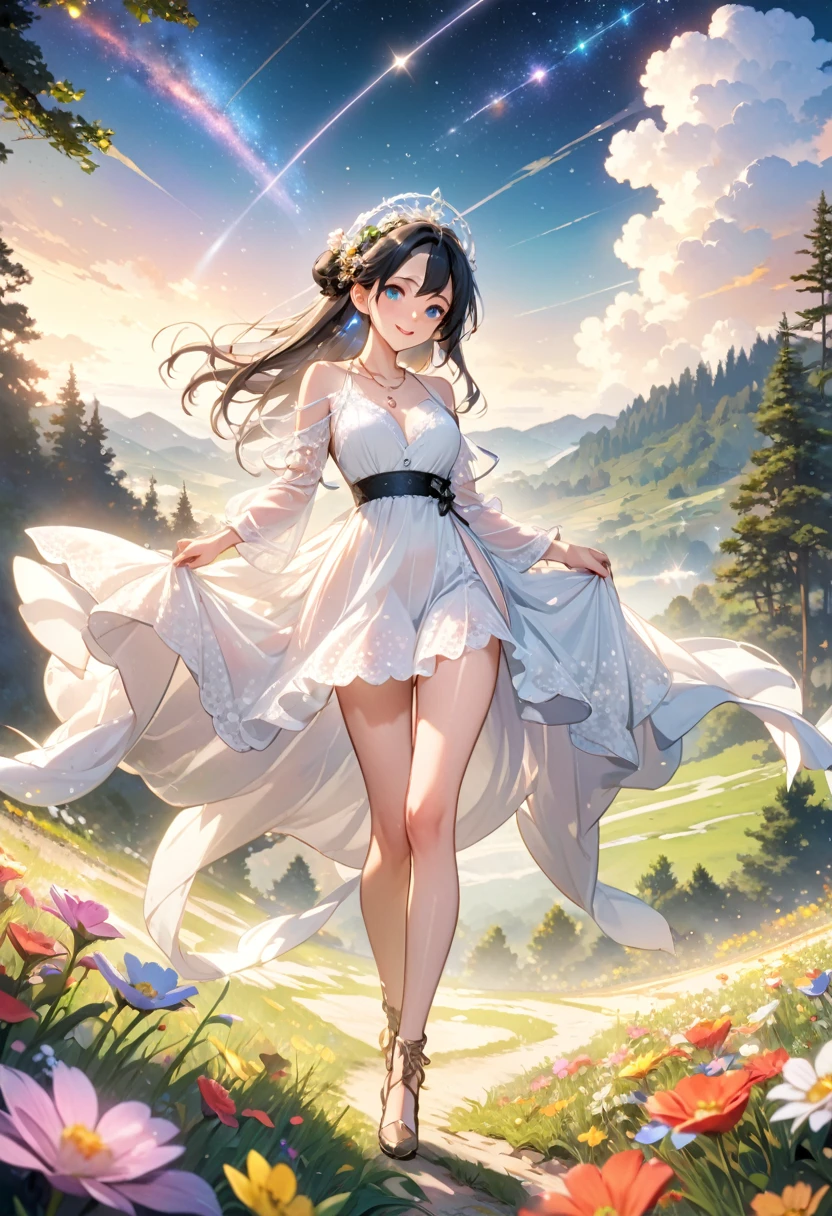 (masterpiece、Highest quality、8k、High resolution)、1 female、Beautiful eyes with slit length、Cute lips、Beautiful Nose、Brownish black hair、smile、(Best anime girl)、Green grassland with forest view、Walking,Flying high, high, high,Colorful flowers blooming in the field,A bright night with the stars clearly visible、milky way、Mysterious light particles from the whole body、Colorful light particles、A mysterious light shining around your head、melt、jewelry、necklace、White lace dress、(Beautiful full body style)、Highly detailed anime art、A complete portrayal、