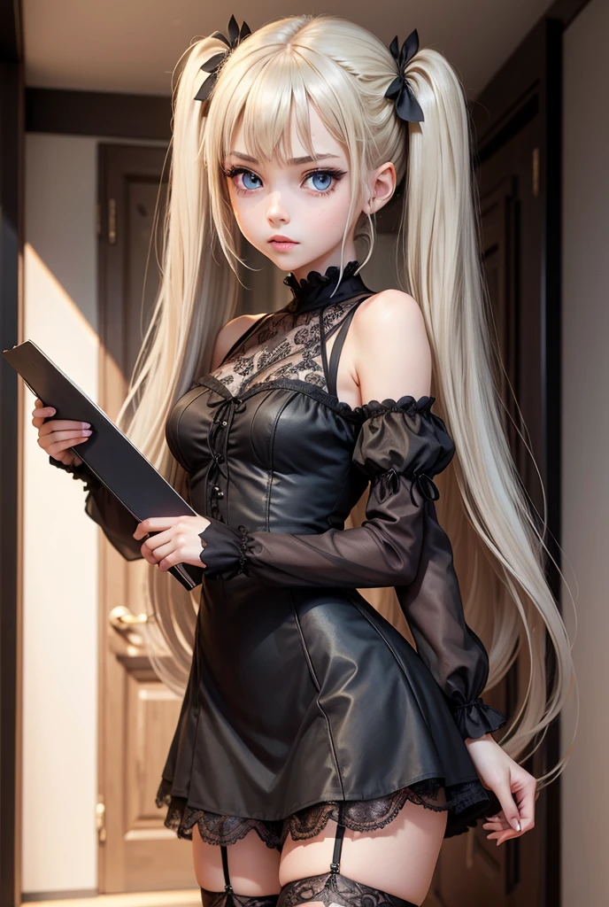 1 girl, (masterpiece), best quality, expressive eyes, perfect face, Misa Amane, busty, blue eyes, shoulder length straight blonde hair in small pigtails with hair straight hair down to her shoulders, black lace goth dress, black lace arm stockings, black thigh highs, black high heels,holding black notebook with DeathNote engraving on it in silver, in apartment hallway, standing, full picture