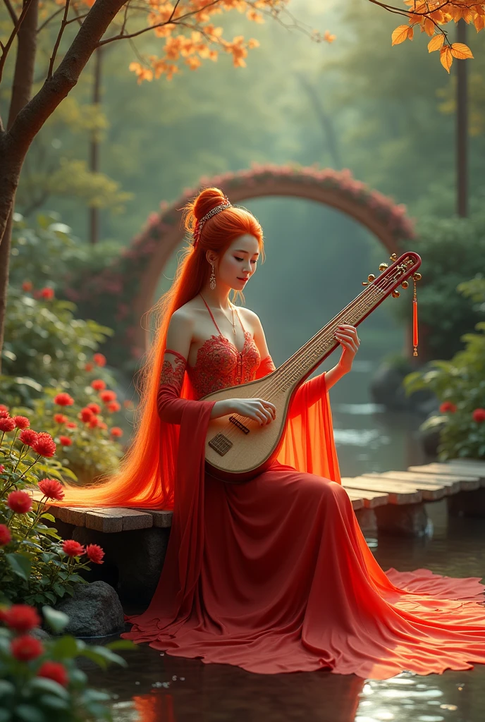 garden,Small bridge and flowing water,red phoenix woman,Long flowing red hair,Phoenix Eyes,Present beauty,Elegance,Big breasts,Present a beautiful figure,Wearing a fiery red Phoenix dress,Sit on a board,Solo Phoenix Guzheng.