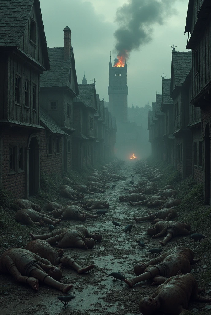 Background houses black plague dead on the floorby rats everywhere and fire
