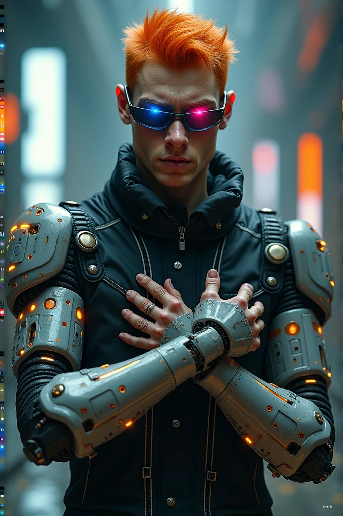 He is a redhead of approximately 1.5 m. He is thin with bionic arms. His arms, despite being robotic, still resemble human hugs. His arms constantly release electric sparks and have lights and LEDs to indicate their charge. He wears futuristic glasses connected to his brain. The glasses are capable of connecting to the internet and making numerous virtual checks. One of his eyes is blue and the other eye is red. He has an aggressive appearance. He is thin and is about 1.5 m.,60 tall