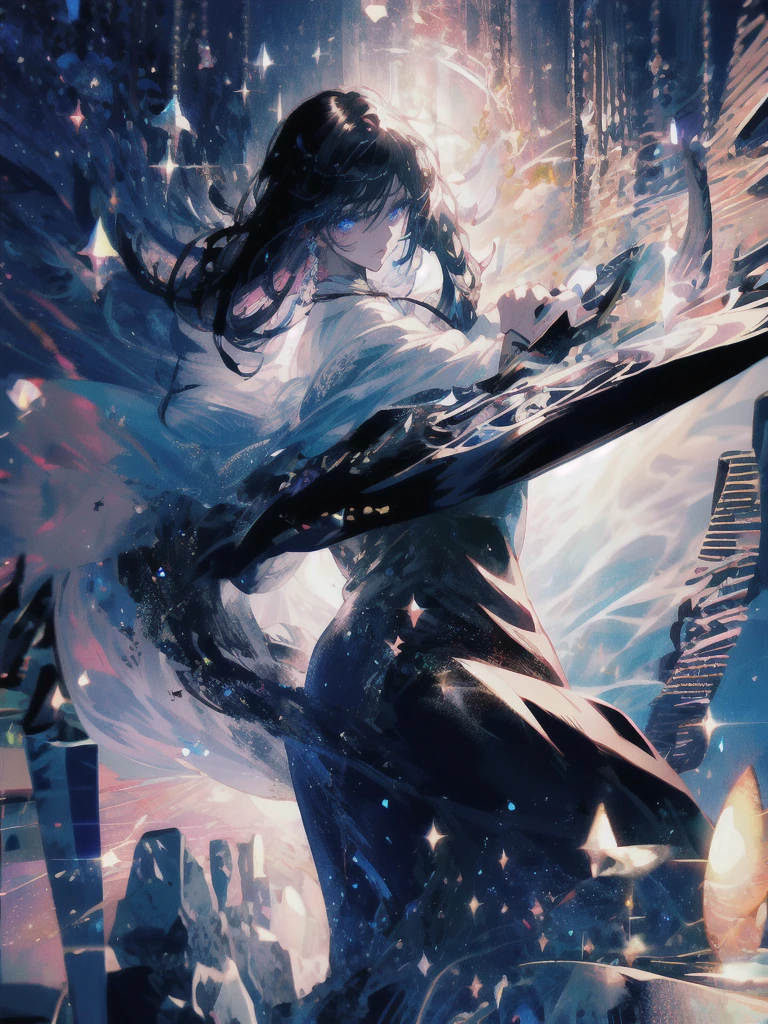 Holding a one-handed sword、Please take the black sword.、((masterpiece, highest quality, Super detailed, High resolution)), alone, beautiful girl, shining eyes, perfect eyes, , black white gold theme,