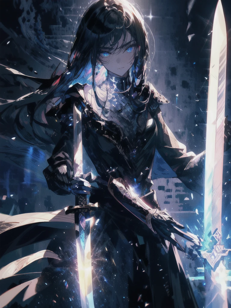 Holding a one-handed sword、Please take the black sword.、((masterpiece, highest quality, Super detailed, High resolution)), alone, beautiful girl, shining eyes, perfect eyes, , black white gold theme,