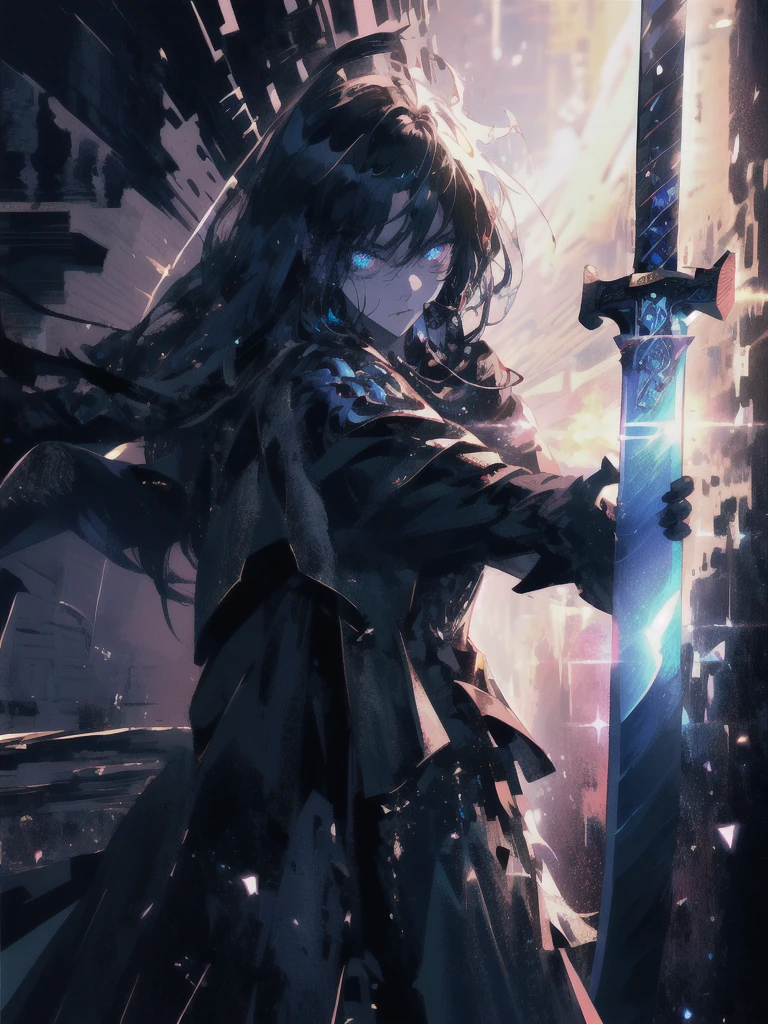 Holding a one-handed sword、Please take the black sword.、((masterpiece, highest quality, Super detailed, High resolution)), alone, beautiful girl, shining eyes, perfect eyes, , black white gold theme,