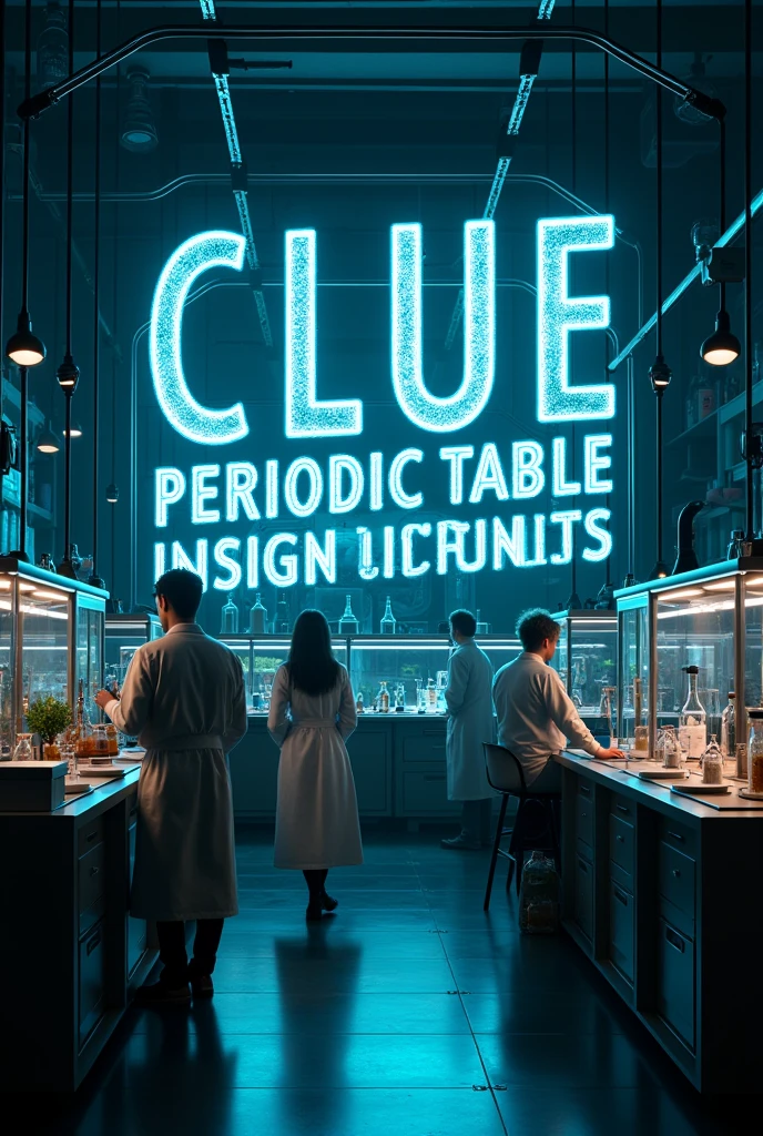A mysterious laboratory that says in the middle in big letters “Clue Periodic Table version” As in fluorescent and with cool typography and that is well understood and appreciated