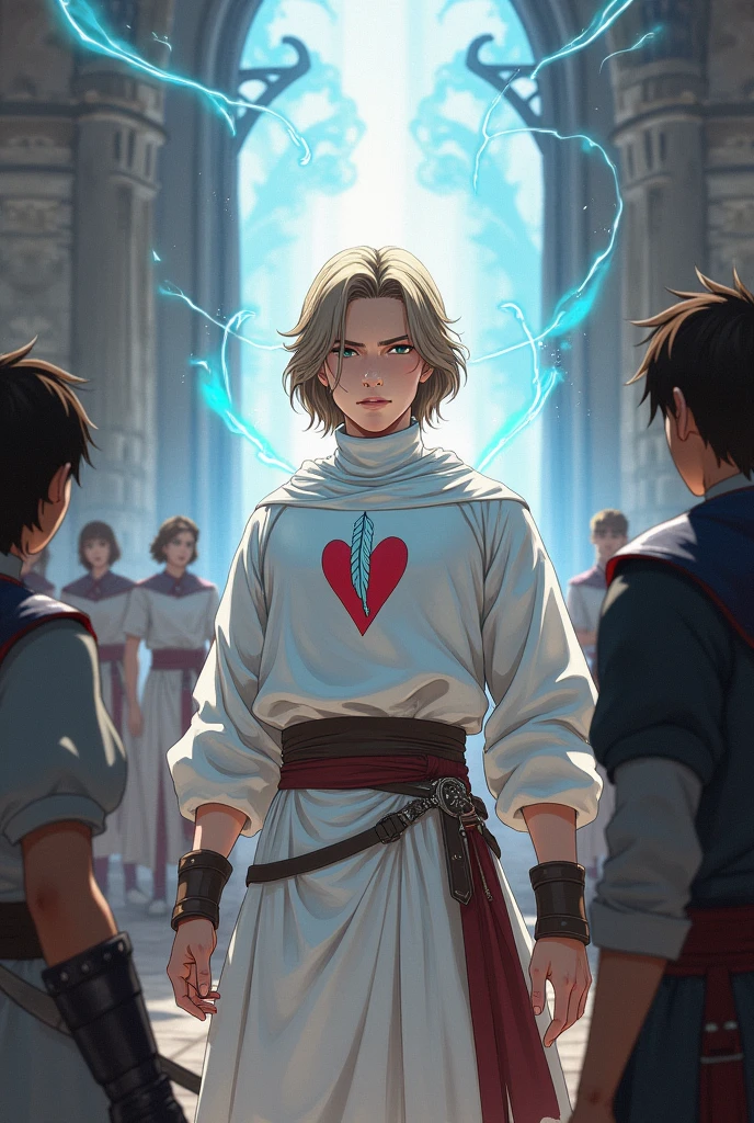 a young half-elf man with delicate, feminine features and shoulder-length light brown hair.
 
wearing white medieval clothing with a symbol of a light blue feather over a red heart drawn on the clothes at chest height.

 protecting innocents with a barrier of light against sword attackers in the style of a medieval anime drawing
