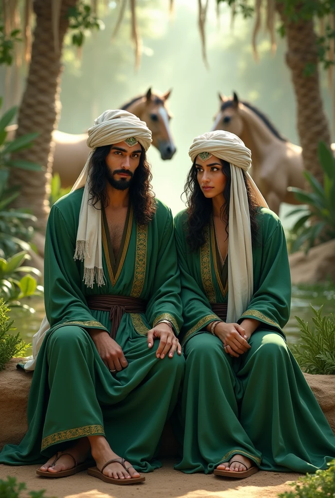 Two beautiful Arabians with slightly connected eyebrows sitting in an oasis. Both have dark black slightly curly hair that reaches to the shoulders. They have dark eyes They should wear green Arabic clothes like in the year 700 and turbans, of which fabric hung over their shoulders. The colour of the clothes should be dark green and the turbans white. One of the two should be a companion of the other. In the background you can see her two wise Arabian horses galloping peacefully. In addition, the people should wear ancient Arabic sandals. One of these people is said to be very knowledgeable. Her body is completely covered. Turbans should also cover the forehead . Beard is long to the chest and the moustache is shortened. They should also have a Dark Bishit. And dark skin and connected eyebrows. They should be completely covered