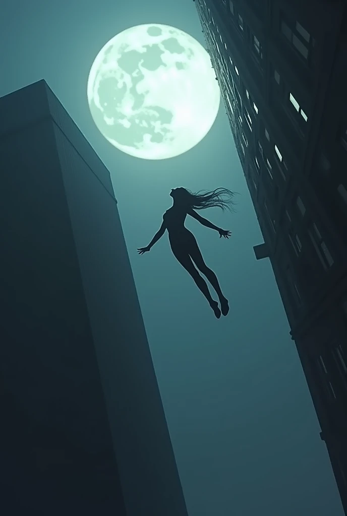 See a person flying out of a building on a moonlit night from below